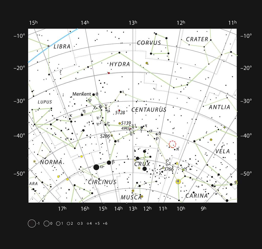 Localisation de la nébuleuse planétaire Fleming I dans la constellation australe du Centaure. Cette carte montre la plupart des étoiles visibles à l'œil nu dans de bonnes conditions atmosphériques, et la localisation de la nébuleuse est précisée par un cercle de couleur rouge sur l'image. Cette nébuleuse planétaire est petite et peu brillante et ne peut être aperçue qu'à l'aide des plus grands télescopes amateurs. © ESO, IAU, Sky & Telescope