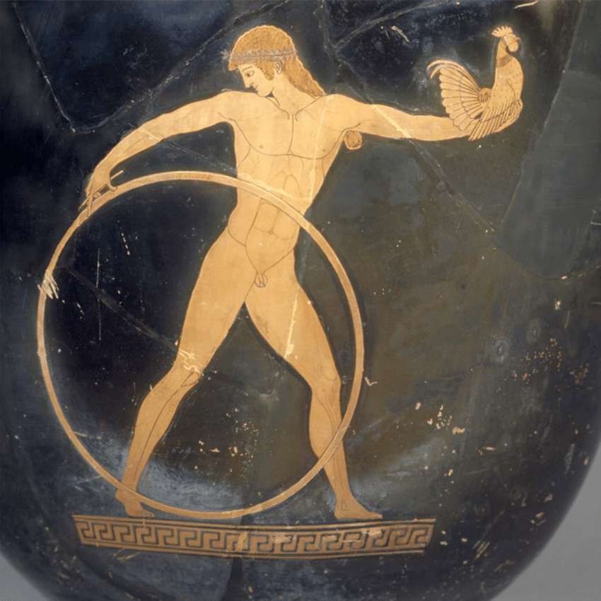 Ganymède avec un coq dans la main sur un grand vase servant à mélanger vin et eau, vers 490-480 av. J.-C. © Musée du Louvre