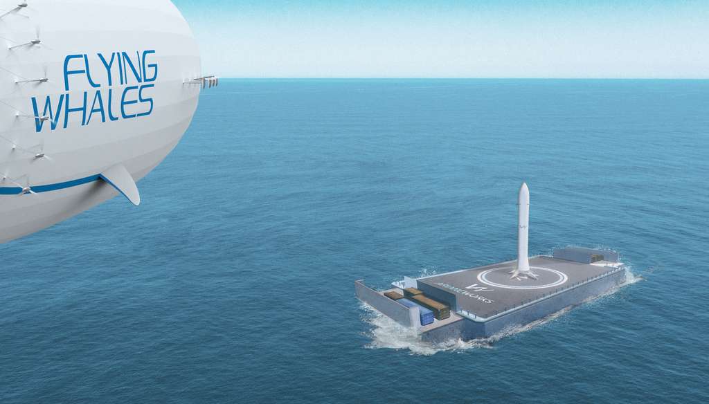 Le ballon pourra aller récupérer les lanceurs spatiaux réutilisables d'Ariane sur des plateformes en mer. © Flying Whales
