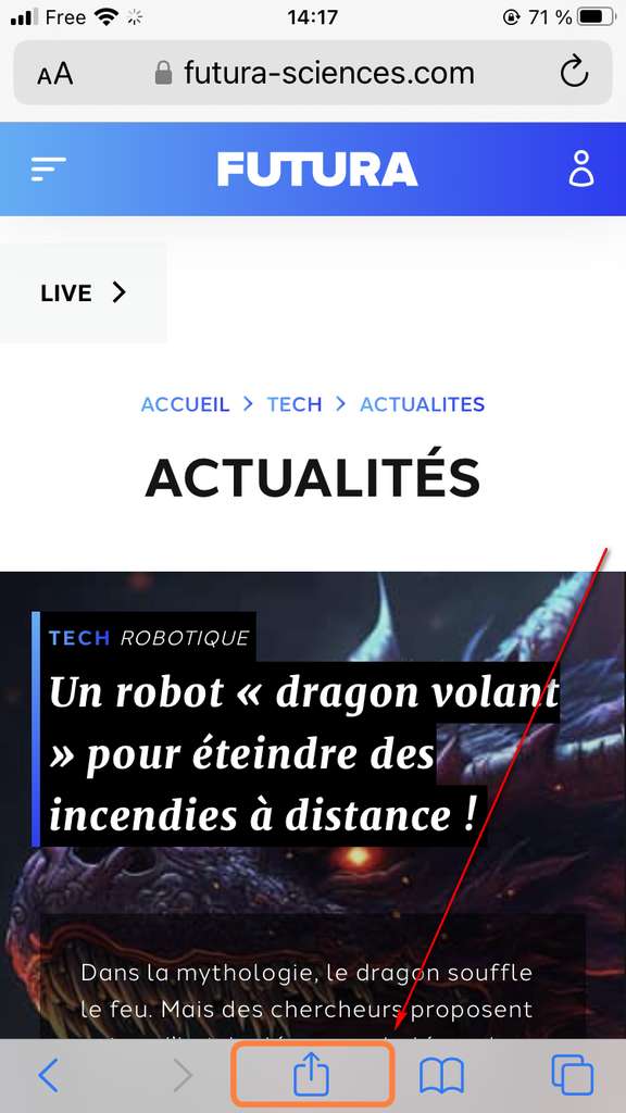 La page Web désirée est chargée depuis le navigateur Safari. L'icône de partage se trouve au bas de l'écran. © Apple