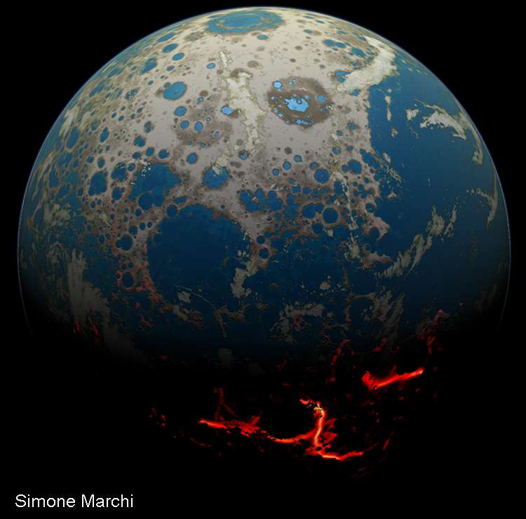 Une vue d'artiste de la Terre à l'Hadéen, il y a plus de 4 milliards d'années. De gigantesques cratères d'impact provoquant la formation de mer de lave sont encore visibles, certains remplis de l'eau des futurs océans. Dans un article publié dans Nature en 2014, l'astronome Simone Marchi et ses collègues ont estimé que pendant les 500 premiers millions d'années de l'évolution de la Terre, plus de 10.000 astéroïdes de plus de 10 km sont entrés en collision avec la Terre. Les plus petits étaient donc d'une taille comparable à l'astéroïde qui a anéanti les dinosaures (avec environ les trois quarts des espèces végétales et animales !) il y a environ 66 millions d'années. Les effets de ces collisions, cependant, étaient minimes, par rapport aux plus gros car pendant la même période environ 200 objets de plus de 100 km de diamètre auraient frappé la jeune Terre. Chacune de ces collisions était au moins 1.000 fois plus énergétique que celle responsable de l'extinction des dinosaures. © Simone Marchi 