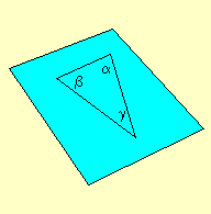 Illustration de la détermination du signe de la courbure intrinsèque d'une surface à l'aide d'un triangle tracé sur celle-ci. Si la surface est plate (= euclidienne), la somme des angles d'un triangle sera toujours égale à 180°. En revanche, si la courbure est positive (figure centrale), cette somme sera plus grande, ou plus petite si la courbure est négative (figure inférieure). On note que, par définition, les côtés d'un triangle sont des "géodésiques" (voir plus loin dans le texte), la généralisation pour les espaces courbes de la notion de ligne droite euclidienne. Source B.S. Ryden.