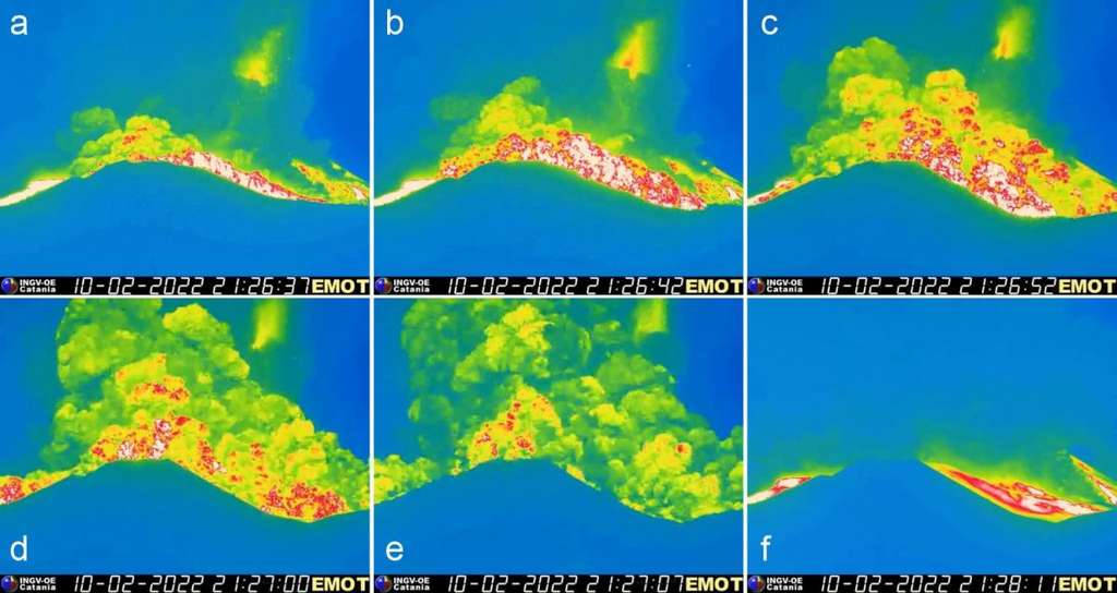 Séquence d'images thermiques montrant la progression de la coulée pyroclastique à 22 h 26, le 10 février 2022, vu depuis le sud. Le cône remarquable devant la coulée pyroclastique est le cône aval des monts Barbagallo. © INGV