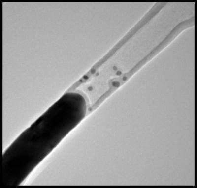 Au microscope électronique, une connexion nanotubes de carbone ( b ) / Or ( h ) : Crédit Rensselaer/Fung Suong OU