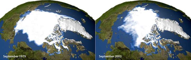 Cette image montre clairement le recul de la glace de mer en Arctique entre 1979 et 2003. © National Oceanic and Atmospheric Administration