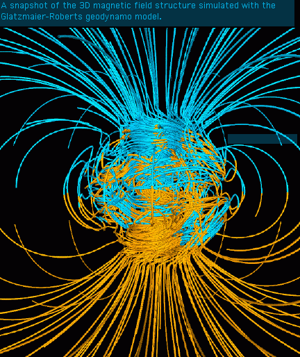 La simulation numérique de la dynamo terrestre (proposée par Glatzmaier et Roberts en 2008) engendrée par les mouvements turbulents complexes survenant dans la partie fluide du noyau. © American Physical Society