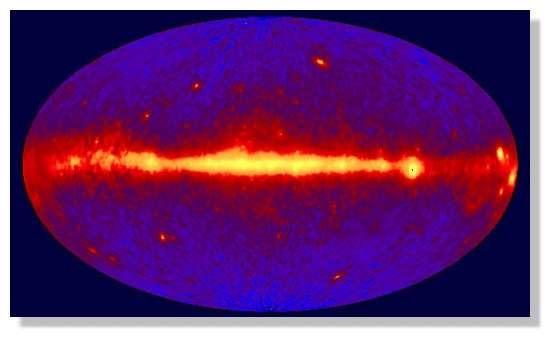Le ciel en rayons gamma (vu par EGRET). Cette carte pourrait contenir des informations sur la présence d'antimatière dans notre galaxie..." © Nasa