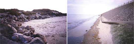 A gauche : Protection du haut de plage par enrochement - A droite : Protection de haut de plage par perré © Reproduction et utilisation interdites