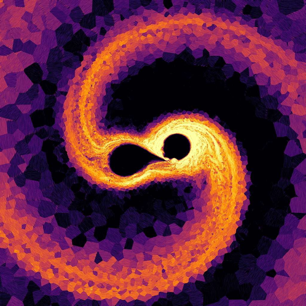 Cette image en fausses couleurs est extraite d'une simulation qui marque la naissance d'une étoile magnétique telle que Tau Scorpii. L'image est une coupe à travers le plan orbital où la couleur indique la force du champ magnétique alors que deux étoiles sont sur le point de fusionner. © Ohlmann, Schneider, Röpke