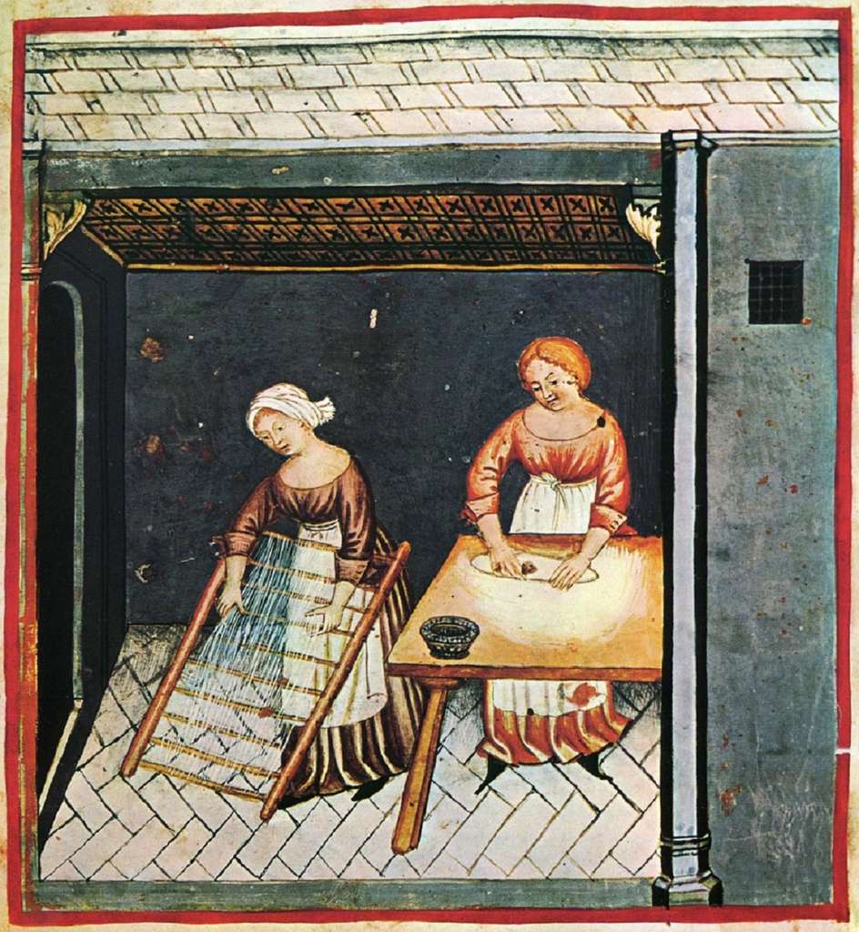 La fabrication des pâtes en Italie dans le "Taccuinum Sanitatis" (manuel médiéval de santé), XIVe siècle ; bibliothèque Casanatense, codex 4182, Rome. © Wikimedia Commons, domaine public.