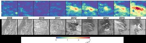 Ici, une série d’images, montrant, en haut, l’augmentation des émissions d’ammoniac sur un site et, en bas, la construction parallèle d’un complexe industriel, quelque part en Chine. © Martin Van Damme et Lieven Clarisse, ULB (IASI) ; Google, Nasa (Landsat) Ici, une série d’images, montrant, en haut, l’augmentation des émissions d’ammoniac sur un site et, en bas, la construction parallèle d’un complexe industriel, quelque part en Chine. © Martin Van Damme et Lieven Clarisse, ULB (IASI) ; Google, Nasa (Landsat)