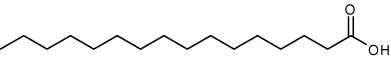 Un acide gras saturé est un acide gras ayant des atomes de carbone totalement saturés en hydrogène. On en trouve notamment dans les graisses animales, mais aussi dans l'huile de coco et de palme. L’acide palmitique (C16), représenté ici, en est un exemple. Chaque segment du zigzag (à part aux deux extrémités) représente une liaison simple entre deux atomes de carbone, également liés à deux atomes d'hydrogène, non figurés. © Foobar, Wikimedia Commons, cc by sa 3.0