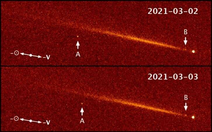 En A et B, deux fragments d'environ 20 m de diamètre chacun ont été observés par la caméra Wide-Field de Hubble, en provenance de la comète 323P/SOHO. © Hui et al., 2022