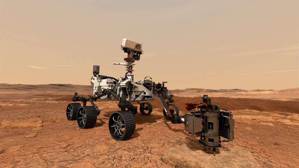 Prélèvement d'un échantillon martien par le rover Mars 2020. © Nasa, JPL-Caltech