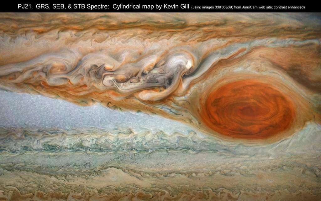 Image traitée par Kevin Gill tirée de la dernière série envoyée par Juno, Perijove 21 (ou PJ21), le 21 juillet 2019. C’était la deuxième fois que la sonde passait au-dessus de la Grande tache rouge. © Nasa, JPL, SwRI, Kevin Gill