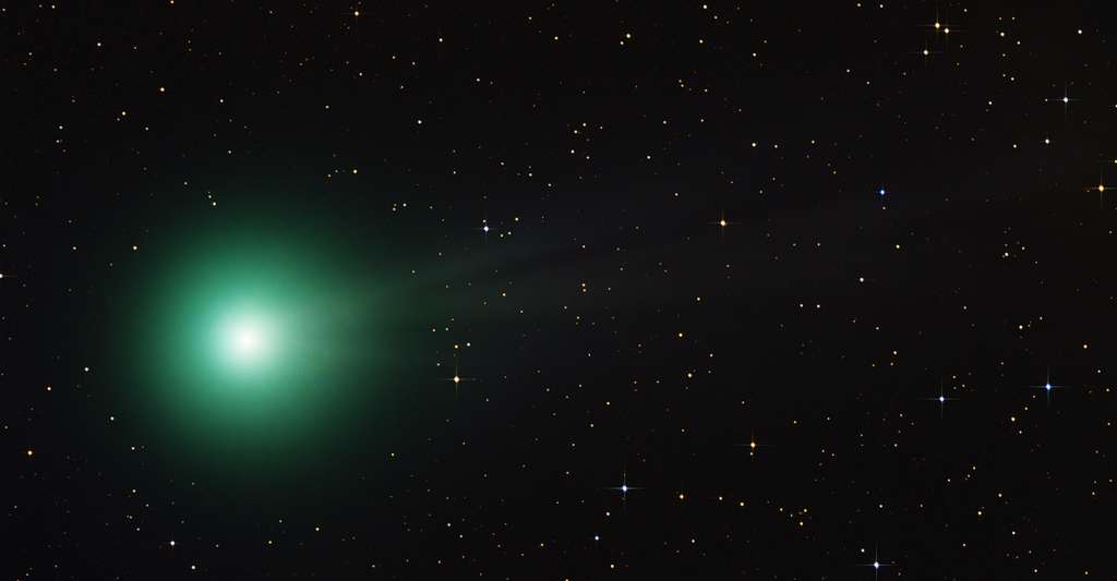 La belle couleur verte de la comète C/2014 Q2 (Lovejoy) est due au carbone diatomique. © Paul Stewart, Wikipedia, CC by-sa 2.0