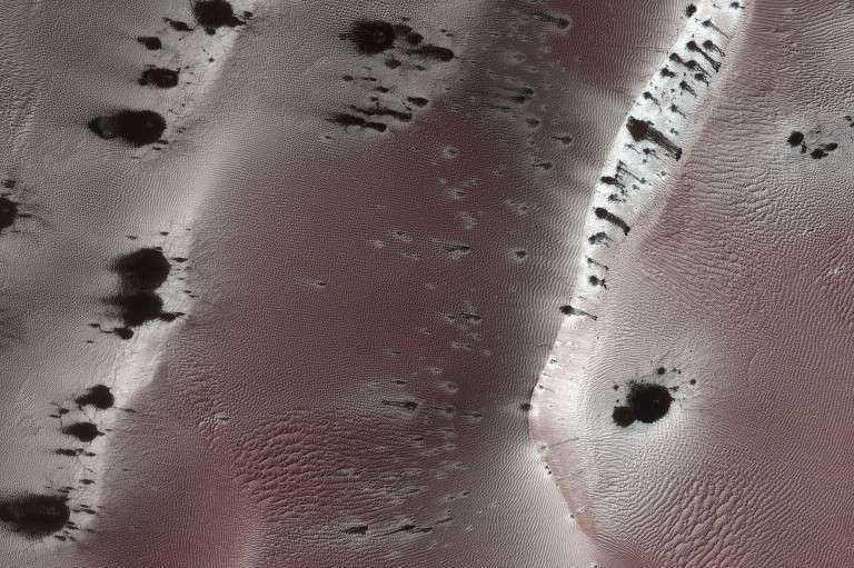 Le CO2 solide contenu dans la glace des calottes martiennes est à l’origine d’un effet de serre qui donne naturellement naissance à des poches de réchauffement, visibles ici comme des zones noires sous la glace. © Université de Harvard