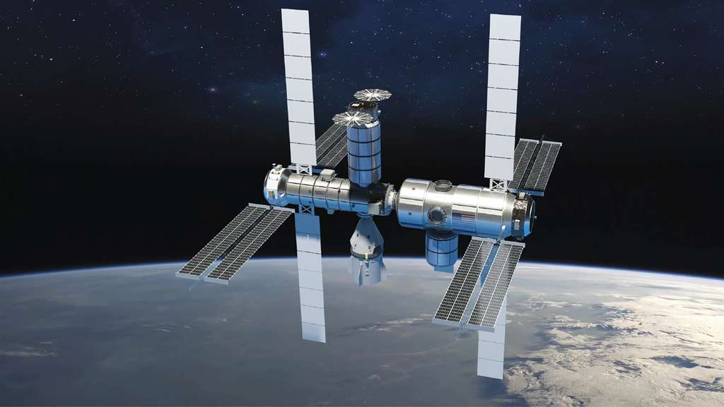 Le concept de station spatiale envisagé par Northrop Grumman et Dynetics. L'idée serait de convertir les modules Cygnus de Thales Alenia Space, actuellement utilisé pour le transport de fret. © Northrop Grumman