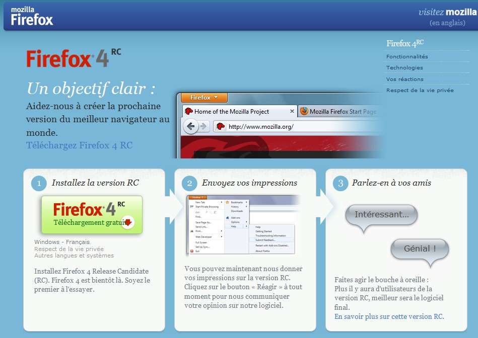 La page spéciale donnant accès à la RC1 de Firefox 4. © Mozilla