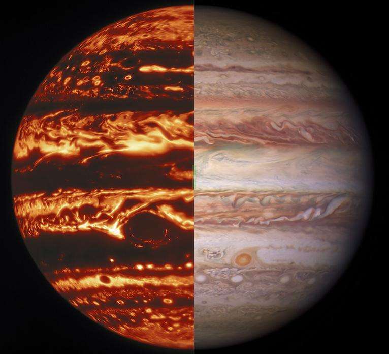 L’apparence en bandes de Jupiter est créée par la « couche météorologique » formant des nuages. Ici, on peut voir à gauche, l’énergie thermique de Jupiter émise dans le domaine infrarouge, avec des bandes nuageuses sombres apparaissant comme des silhouettes contre la lueur thermique de Jupiter. L’image de droite montre l’apparence de Jupiter en lumière visible, avec des zones nuageuses blanches et des ceintures relativement sans nuages apparaissant sous forme de couleurs rouge-brun. © International Gemini Observatory, NOIRLab, NSF, AUR, Nasa, ESA, M.H. Wong and I. de Pater (UC Berkeley) et al.