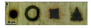 Figure 5 : Résultats de marquage sur du cuivre. Chaque motif est usiné par avec mise en forme programmable de tache focale : 5.104 impulsions de 130 fs et 1.5 μJ à 100 kHz.
