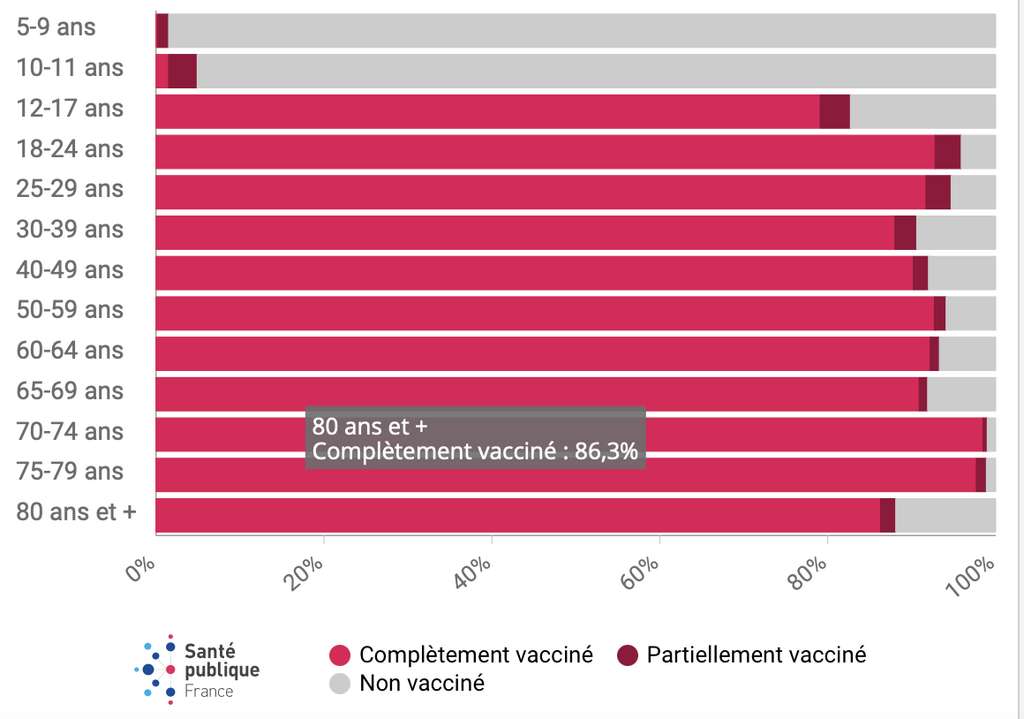 Seulement 86,3 % des personnes de plus de 80 ans sont totalement vaccinées. © Santé Publique France