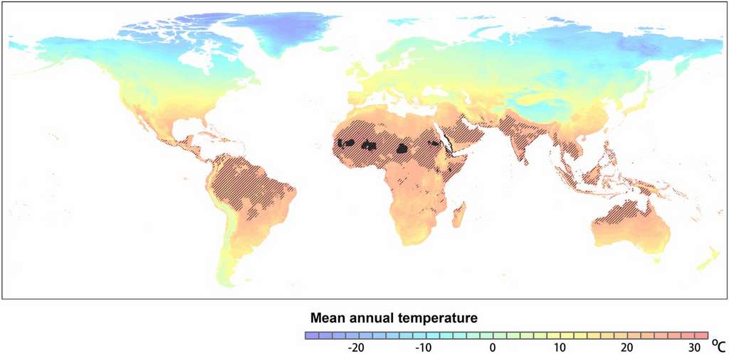 La carte des zones où les températures annuelles dépassent les 29 °C en 2070 selon le scénario testé. © Chi Xu et al. PNAS