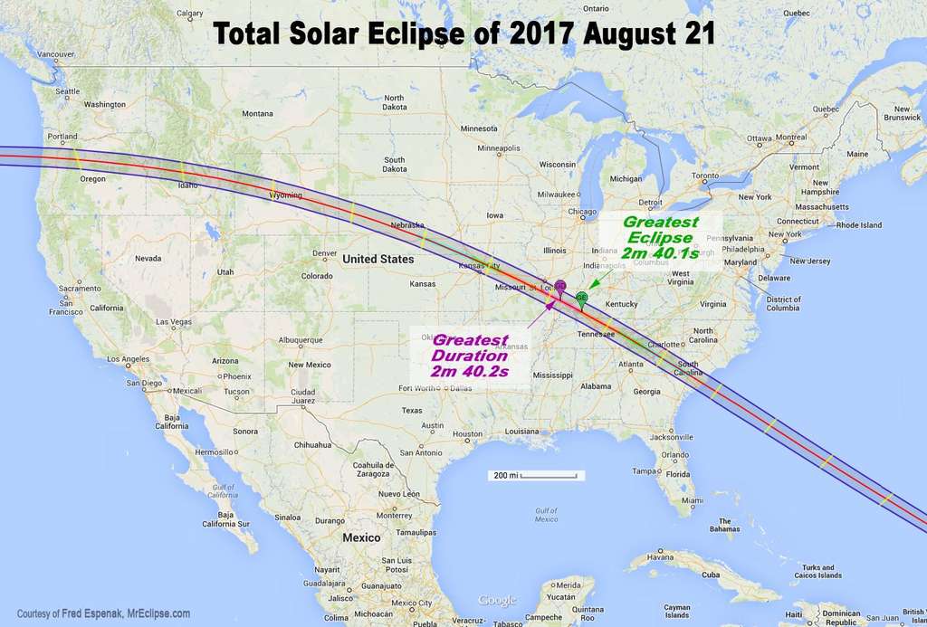 Carte de l’éclipse totale du Soleil qui traversera les États-Unis. © Fred Espenak, mreclipse.com