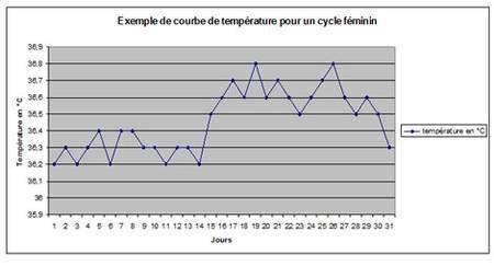 Exemple de courbe de température pour un cycle féminin. Le jour d'ovulation est le jour 14 (point le plus bas avant l'élévation de température du milieu du cycle). Données téléchargées depuis la banque de SVT de l'académie de Dijon.