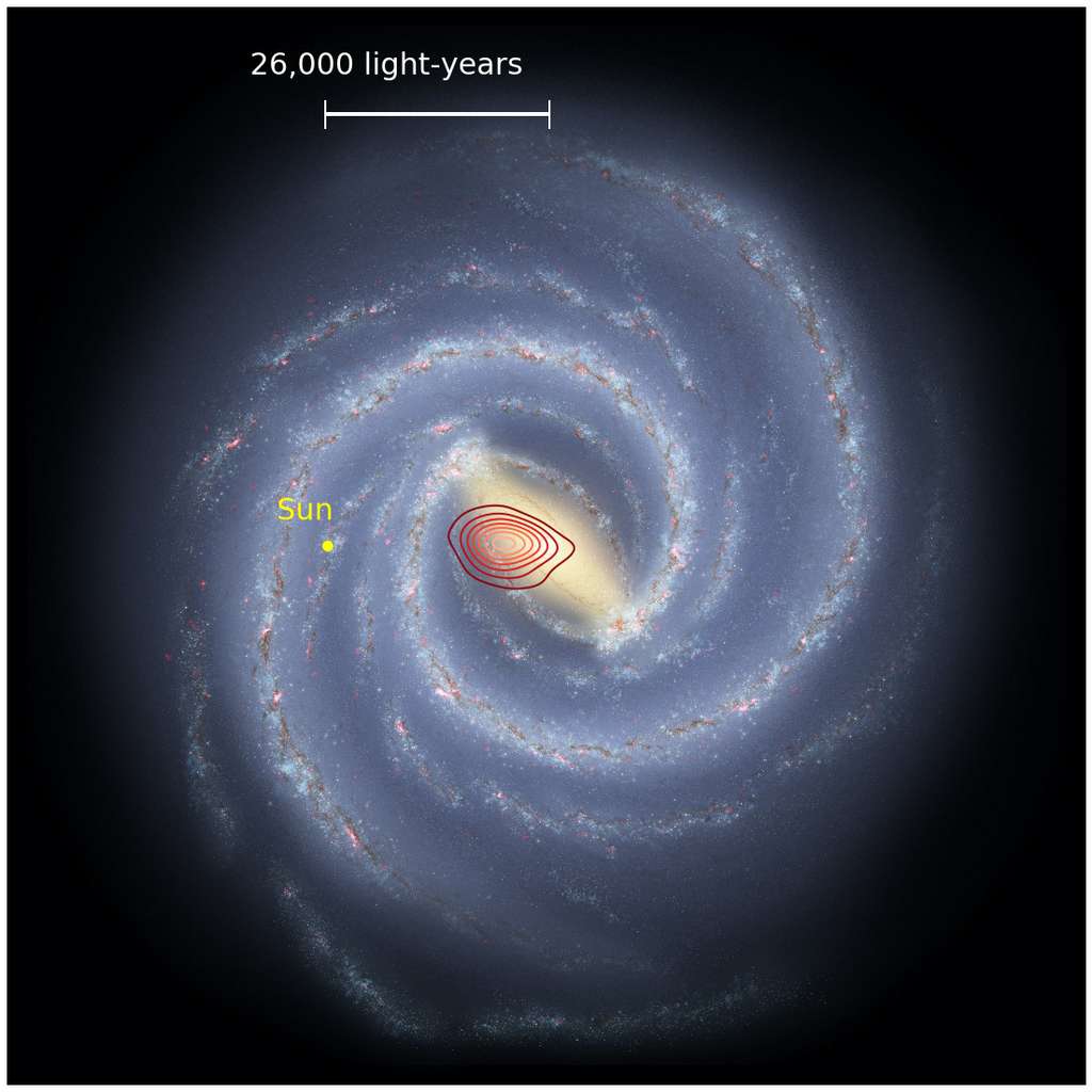 Sur cette vue d’artiste, les anneaux rouges montrent la localisation de la galaxie fossile Héraclès au cœur de notre Voie lactée, avec la position du Soleil en jaune. © Danny Horta-Darrington, Université John Moores de Liverpool, NASA, JPL-Caltech et SDSS