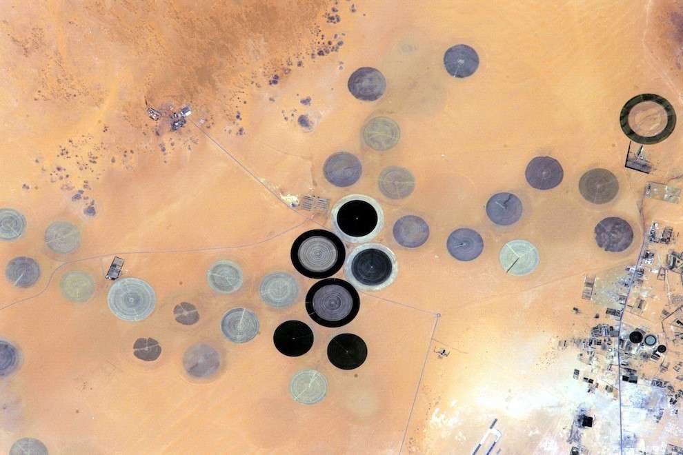 Cercles d'irrigation dans le désert