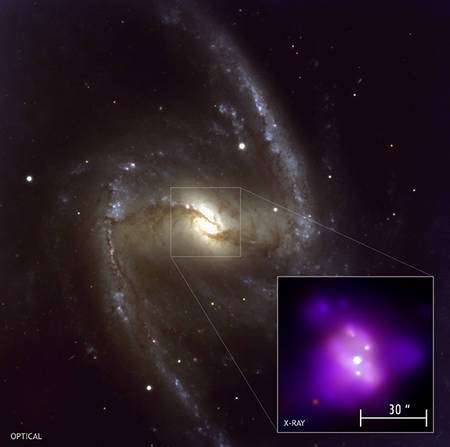 La galaxie NGC 1365 vue dans le visible avec le VLT, et en rayons X avec Chandra révèle un AGN, cliquez pour agrandir (Crédit : ESO/VLT et NASA/CXC).