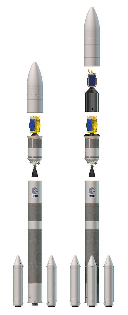 Les deux versions d'Ariane 6. La version à deux boosters (Ariane 62 ou AR 62) et celle à quatre boosters (Ariane 64 ou AR 64). © ESA, D. Ducros