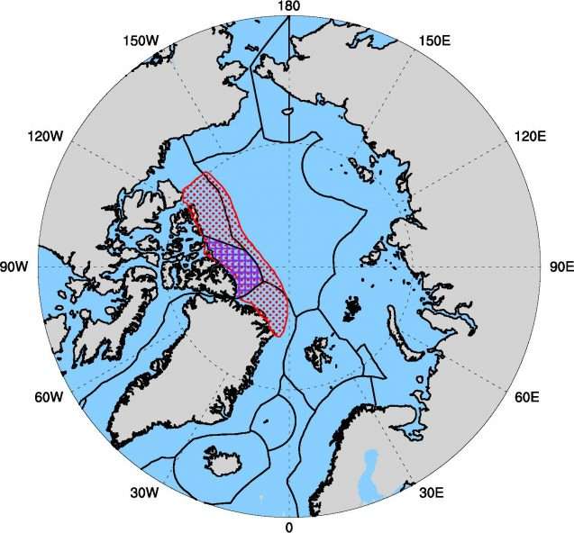 Ici entouré de rouge, la « dernière zone de glace » de l’Arctique. En mauve, la zone protégée par le Canada. Et délimitées de noir, les zones économiques exclusives des nations arctiques. © Newton et al., Columbia Climate School