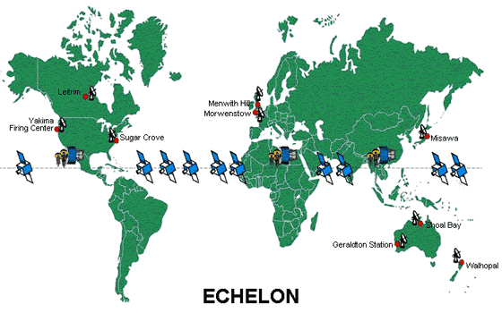 Distribution des stations d'écoute du réseau ECHELON au 1er janvier 2004. Noter la disparition du site allemand de Baden Aibling.