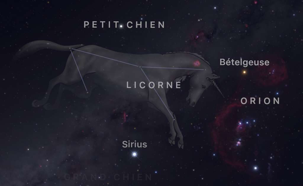 La constellation de la Licorne s'étend entre Orion, le Petit Chien et le Grand Chien dominé par l'étoile Sirius. © SkyGuide