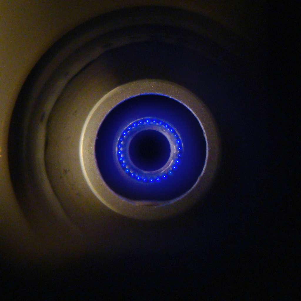 Propulseur IFM nano en tir - Couronne d'injecteurs d'indium (la couleur vient du plasma d'indium). © Enpulsion
