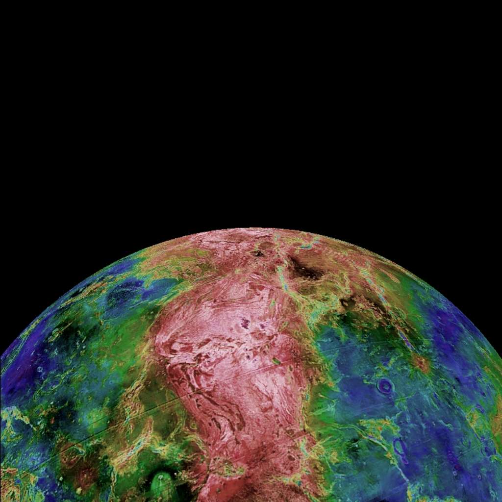 Cette image en fausses couleurs est tirée du traitement des ondes radar de la mission Magellan qui a révélé les détails de la topographie vénusienne. On voit en rouge les hautes terres de Vénus et dans le cas présent Aphrodite Terra, longeant l'équateur par le sud sur une quinzaine de milliers de kilomètres avec une altitude moyenne de 3.000 mètres, l'autre « continent » vénusien étant Ishtar Terra, près du pôle Nord. © Nasa, Magellan Team, JPL, USGS © Nasa, APL, NRL