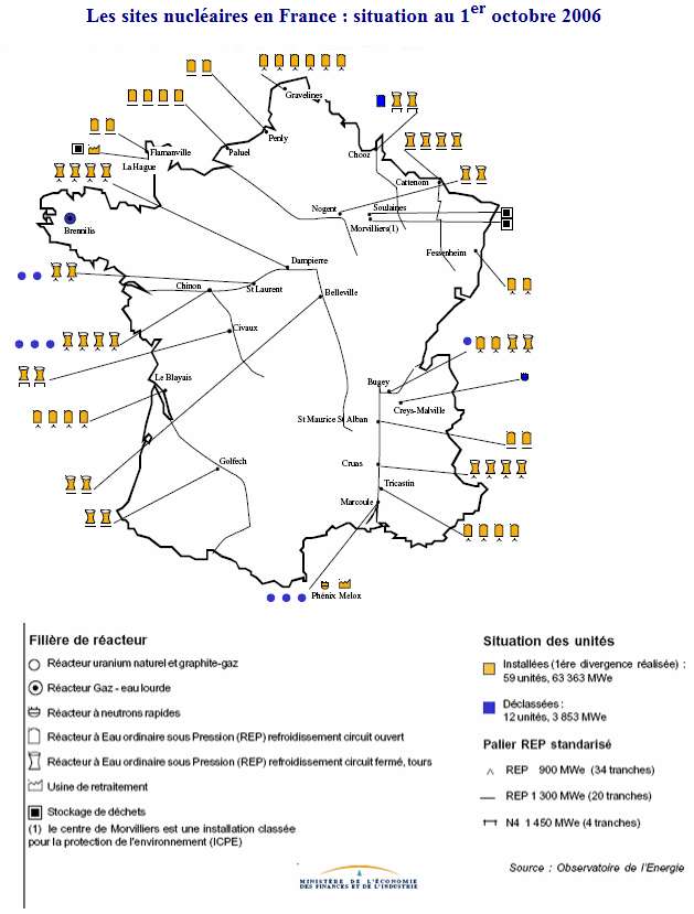 Carte nucléaire de la France. Les unités installées sont marquées en jaune, et les unités déclassées en bleu. © Observatoire de l'énergie