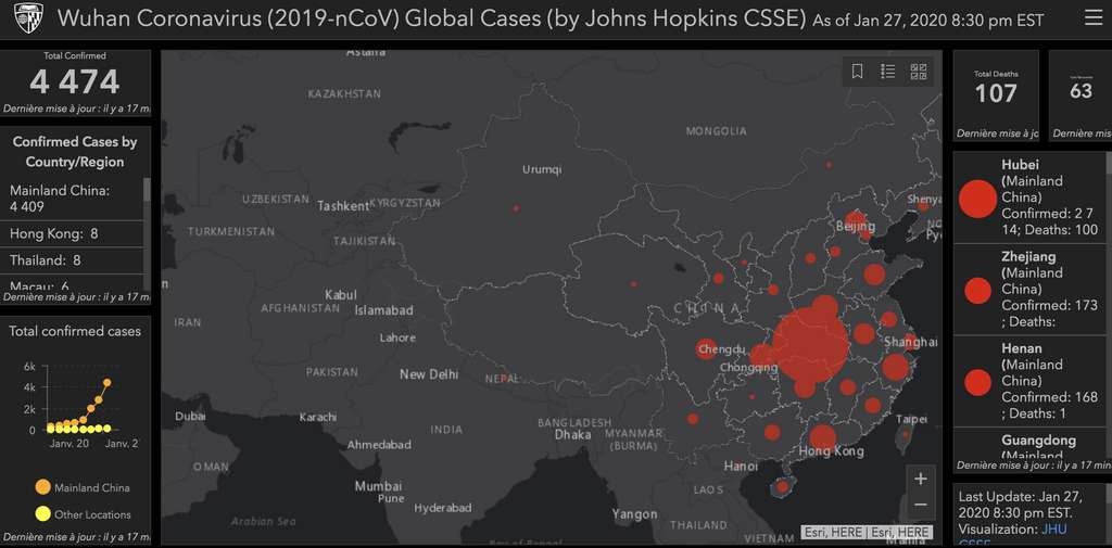 Des chercheurs américains ont mis au point une carte qui permet au grand public de connaître en temps réel la situation de l'épidémie. © Université John Hopkins