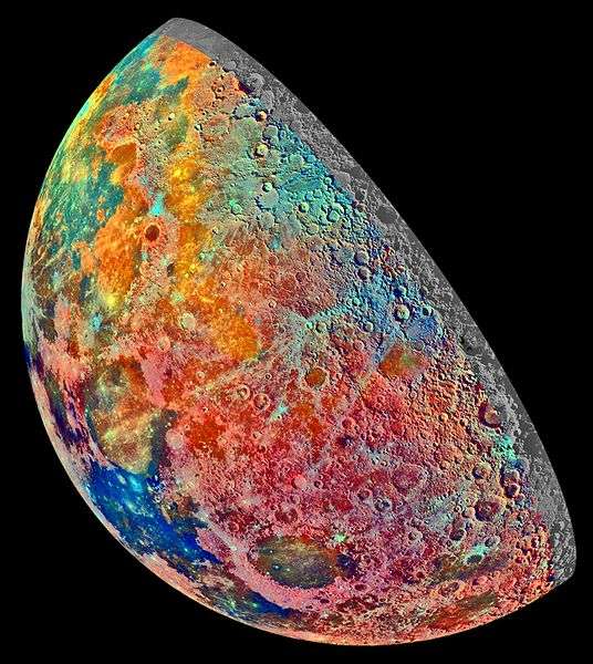Image étrange de la Lune. Constituée par la sonde Galileo dans sa route vers Jupiter, cette mosaïque de 53 images prises à l'aide de trois filtres permet, en exagérant les fausses couleurs, de se donner une idée de la géologie lunaire. À chaque variation subtile de couleur correspond un minéral différent. © Nasa