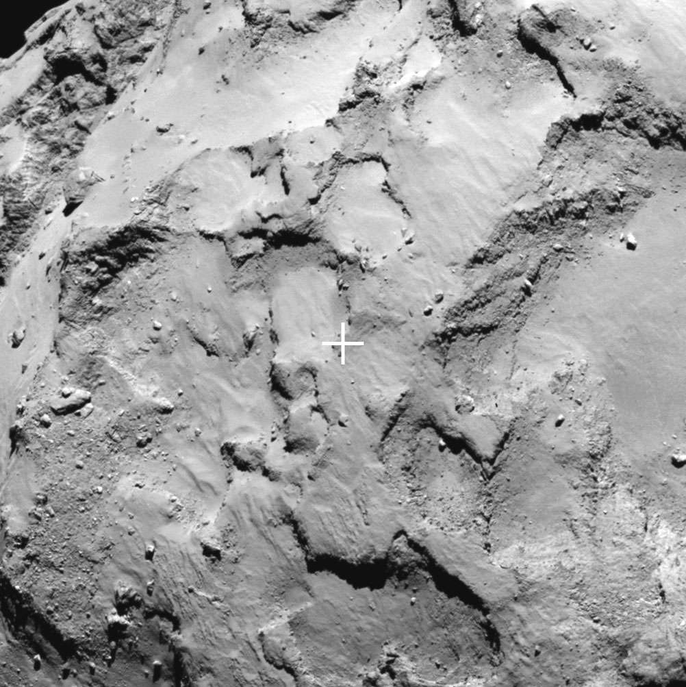 Gros plan sur le site J où se posera sans doute Philae de la mission Rosetta. © Esa/Rosetta/MPS for OSIRIS Team MPS/UPD/LAM/IAA/SSO/INTA/UPM/DASP/IDA