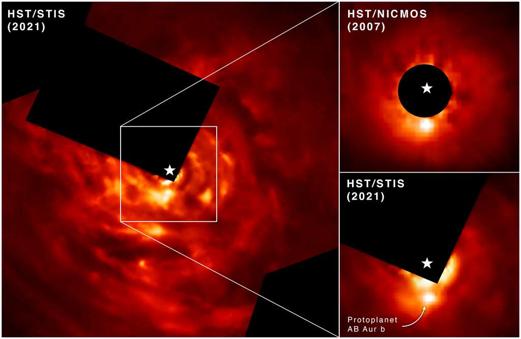 Les chercheurs ont pu directement imager l'exoplanète nouvellement formée AB Aurigae b sur une période de 13 ans à l'aide des instruments STIS et NICMOS de Hubble. En haut à droite, l'image NICMOS capturée en 2007 montre AB Aurigae b dans une position plein sud par rapport à son étoile hôte, qui est couverte par le coronographe de l'instrument. L'image capturée en 2021 par STIS montre que la protoplanète s'est déplacée dans le sens antihoraire au fil du temps. On peut noter que le disque entourant l'étoile AB Aurigae est vu presque de face depuis la Terre. © Science : Nasa, ESA, Thayne Currie (télescope Subaru, Eureka Scientific Inc.) ; traitement d'image : Thayne Currie (télescope Subaru, Eureka Scientific Inc.), Alyssa Pagan (STScI)