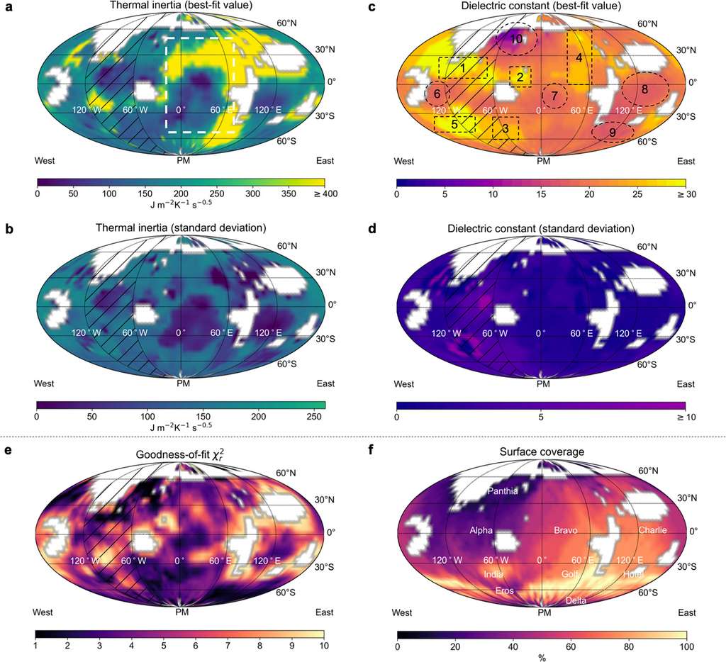 Cartes d'inertie thermique et de constante diélectrique de l'astéroïde (16) Psyché, dérivées des données d'émissions thermiques du télescope Alma. © Cambioni et al, 2022