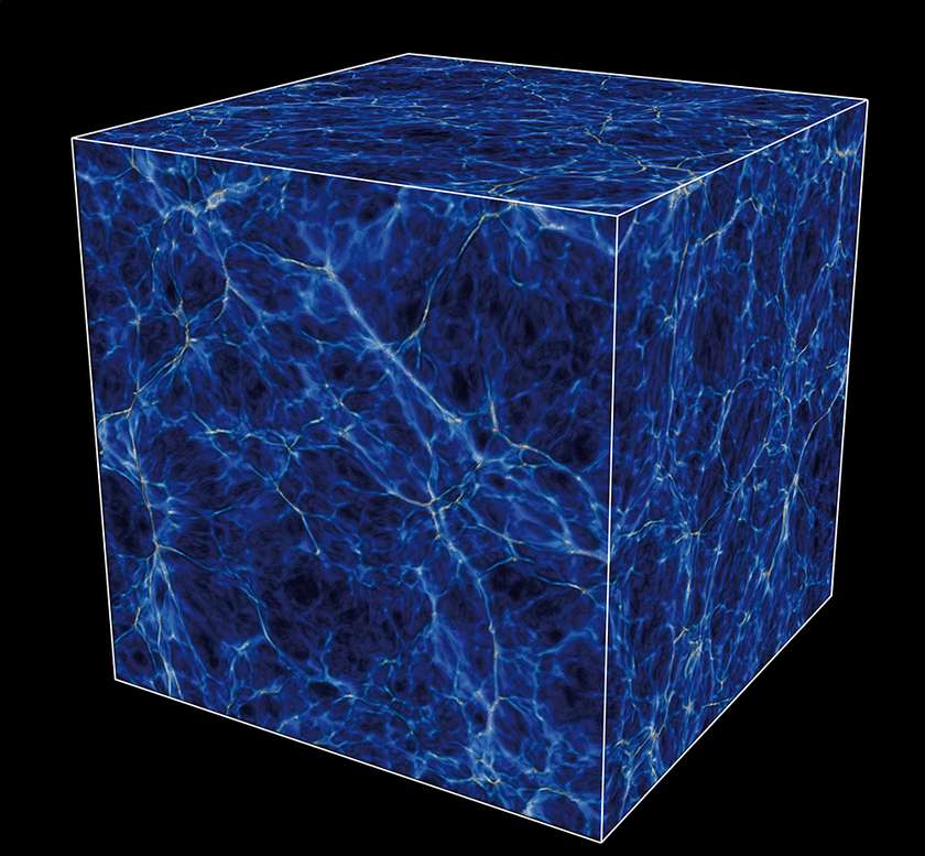 Les résultats d'une simulation montrant la structuration de la répartition de la matière il y a environ 11,5 milliards d'années. Les côtés du cube représentent 24 millions d'années-lumière de diamètre. © J. Oñorbe, MPIA