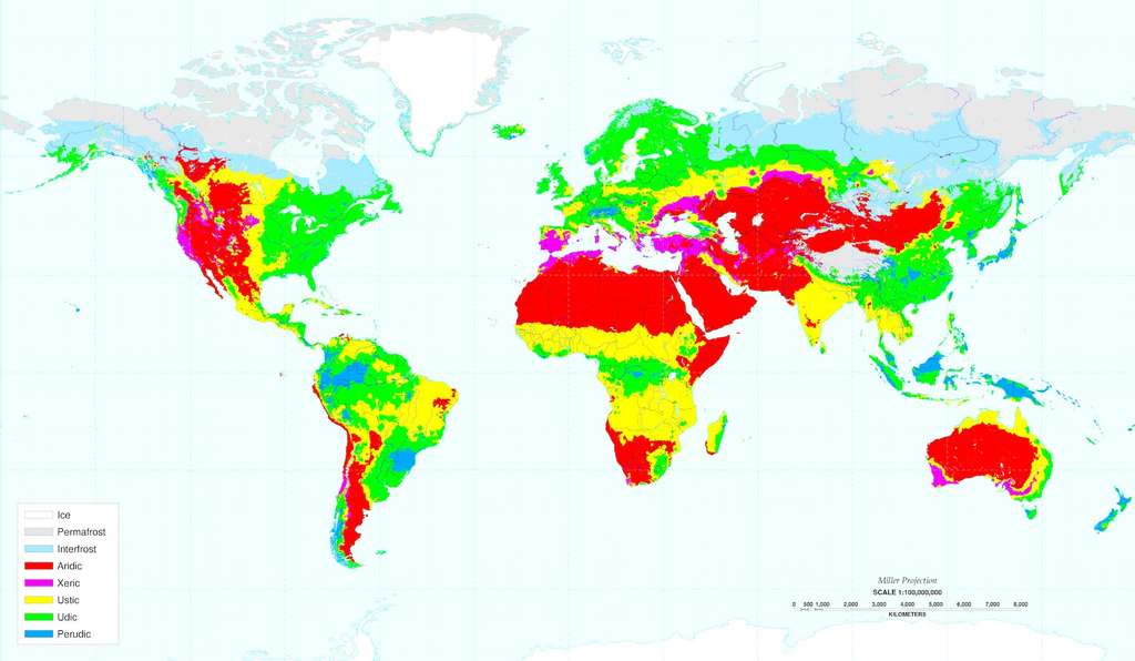 En rouge sur cette carte, les zones arides sur notre planète. © USDA, Wikipedia, Domaine public