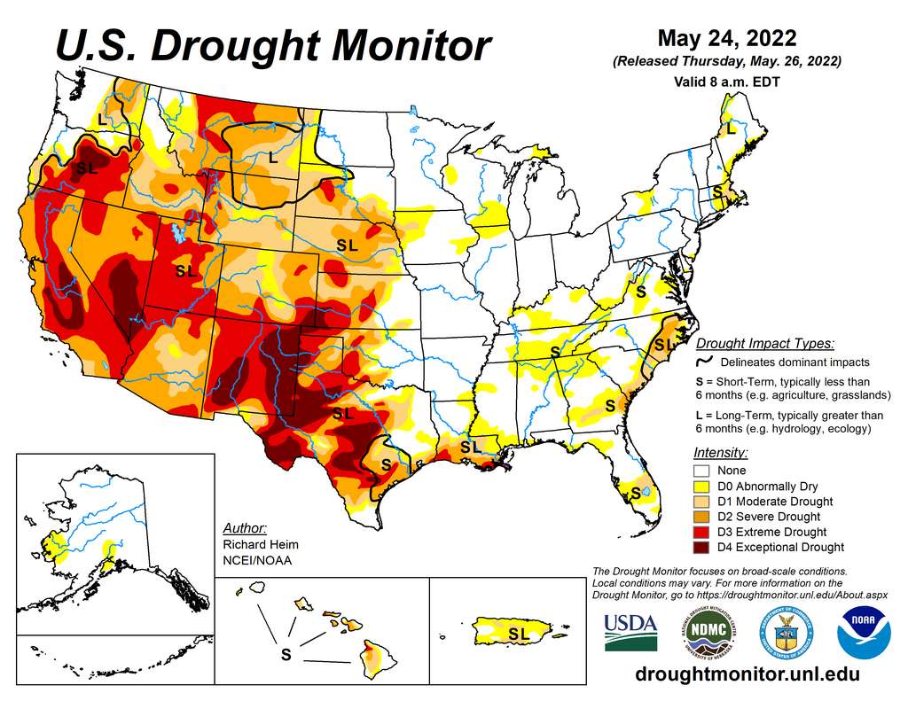 En rouge et rouge foncé, tout l'ouest américain en état de sécheresse extrême en mai dernier. © U.S. Drought Monitor