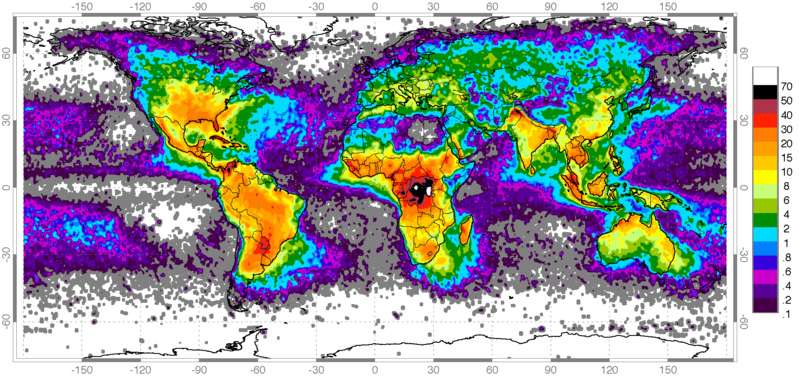 Carte mondiale de la densité des coups de foudre au sol. © Nasa