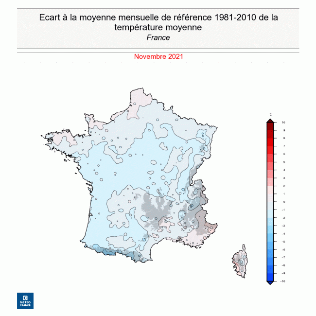 En ce mois de novembre 2021, une grande partie du pays a connu des températures inférieures aux normales. © Météo France