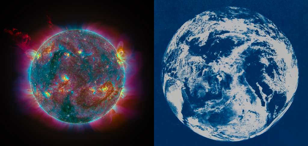 Ces deux images concourent pour le prix Annie Maunder pour l'innovation en matière d'image. L’image de gauche a été réalisée par Sergio Díaz Ruiz, à l'aide des données open source de l’instrument SUVI à bord du satellite GOES-16 de la NOAA. Cette image montre l'activité coronale du Soleil à 22 h 08, temps universel, le 15 février 2022. Une puissante éjection de masse coronale (CME), représentée en rouge foncé dans le coin supérieur gauche, a fait éruption sur la face cachée. Des formations de panaches (en bleu), de trous coronaux (en bleu sarcelle foncé) et de filaments (en brun) sont également représentées. Pour capturer toute cette activité dans une seule image, il a fallu combiner des observations dans plusieurs longueurs d'onde dans l'ultraviolet extrême. © Sergio Díaz Ruiz. L’image de droite a été réalisée par Lynda Laird à partir des données libres d’accès du satellite Suomi. Ce cliché qui peut surprendre est en fait un tirage photographique dit cyanotype. Il s’agit d’un procédé photographique alternatif découvert par l'astronome John Herschel en 1842. L'image originale est un montage Blue Marble Earth, créé à partir de photographies prises par l'instrument VIIRS à bord du satellite Suomi NPP. © Lynda Laird
